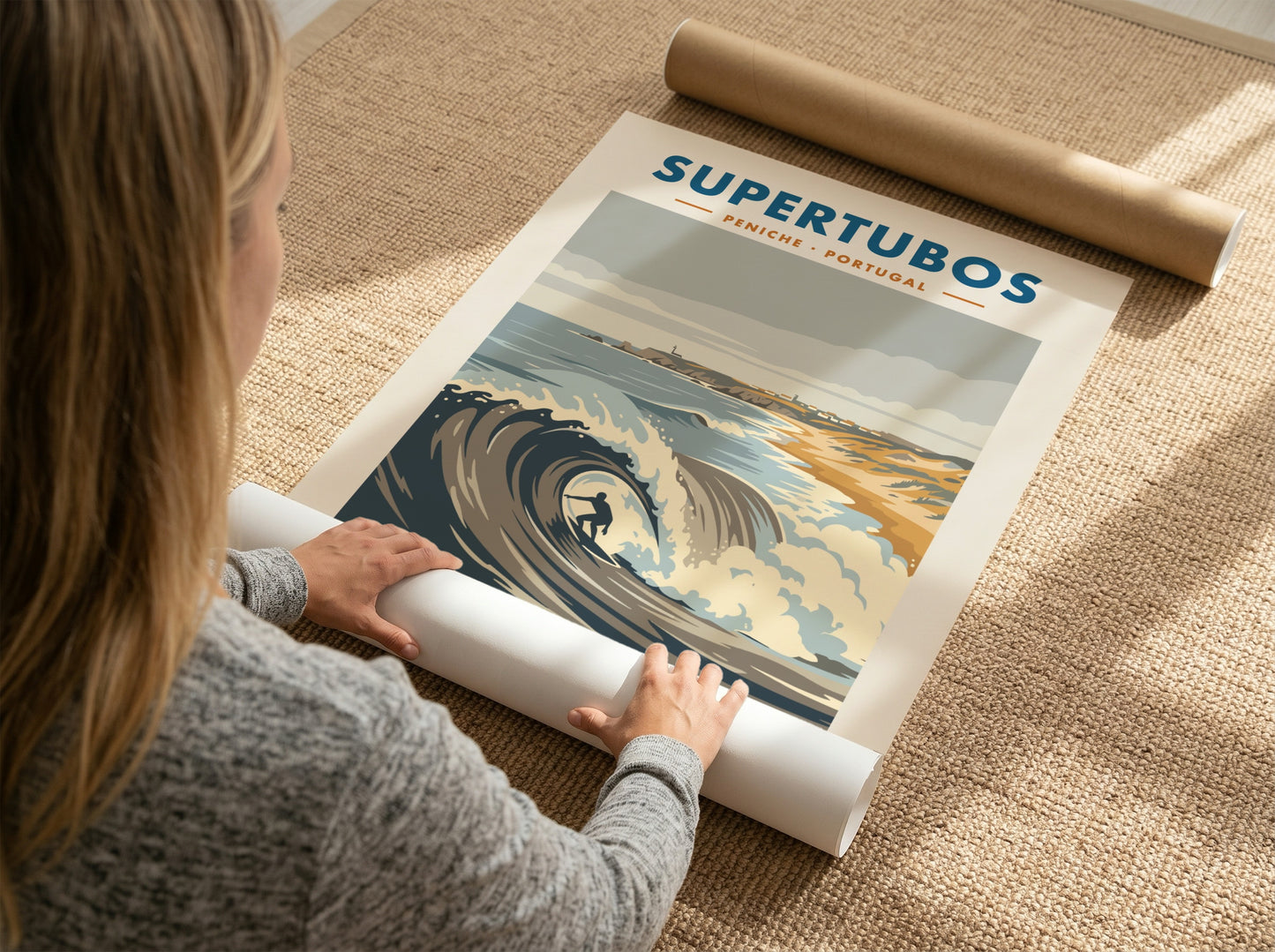 Supertubos Peniche surf break poster featuring a barrel wave and rugged Portuguese coastline.