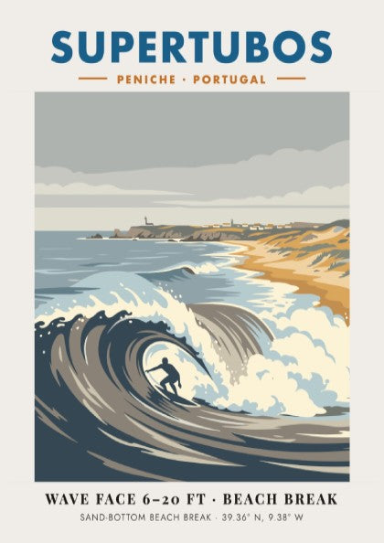 Supertubos Peniche surf break poster featuring a barrel wave and rugged Portuguese coastline.