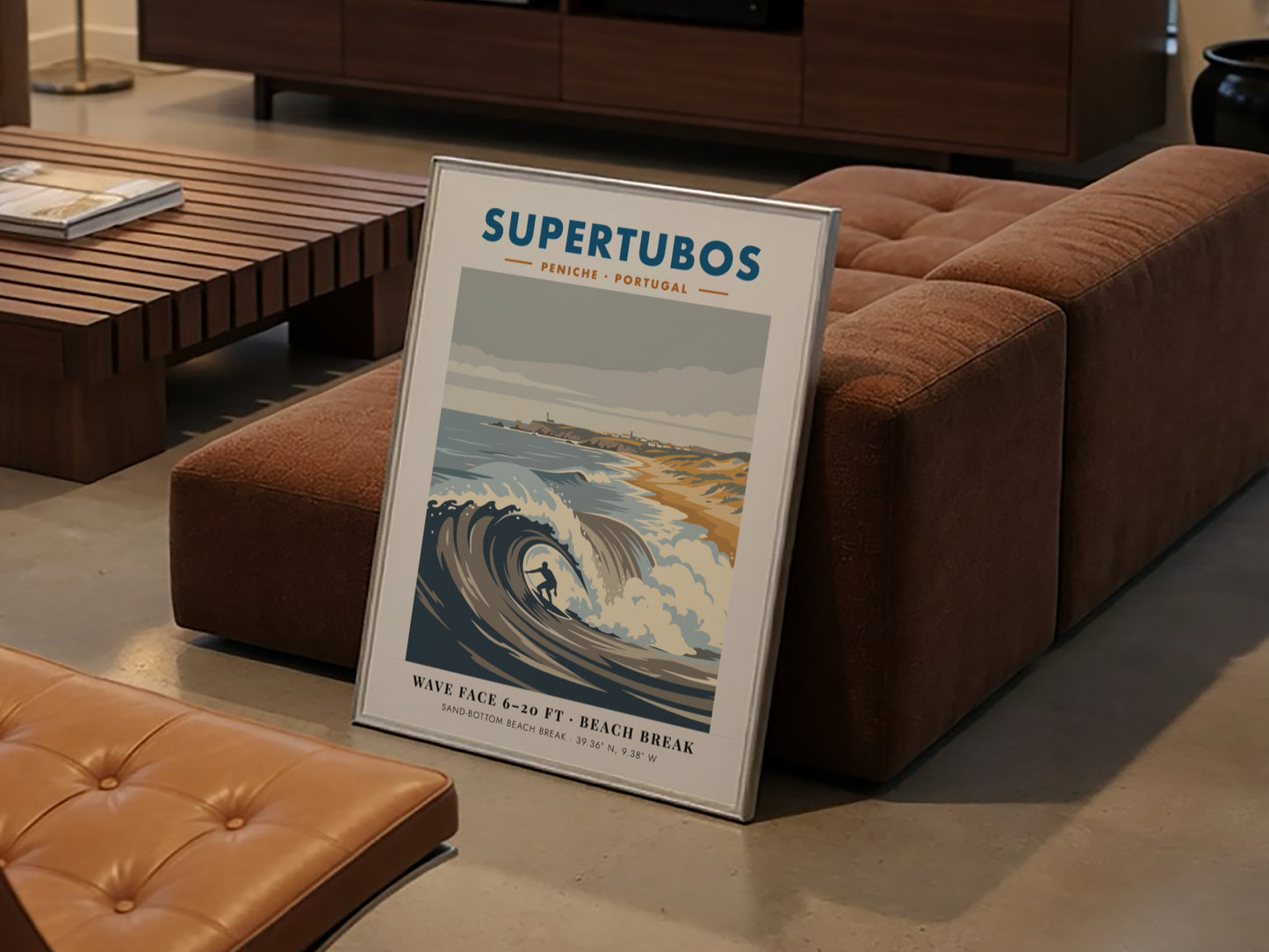 Supertubos Peniche surf break poster featuring a barrel wave and rugged Portuguese coastline.