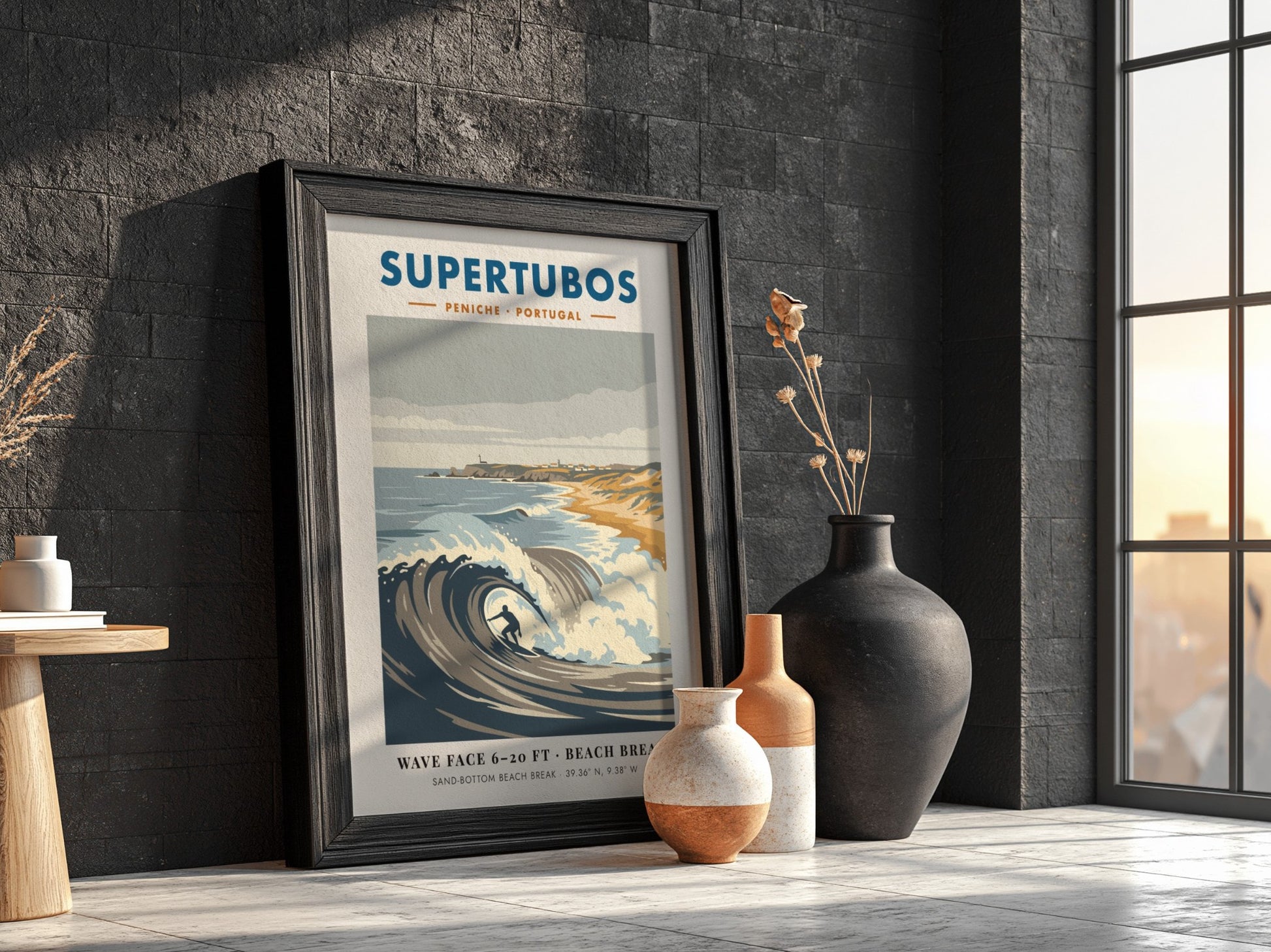 Supertubos Peniche surf break poster featuring a barrel wave and rugged Portuguese coastline.