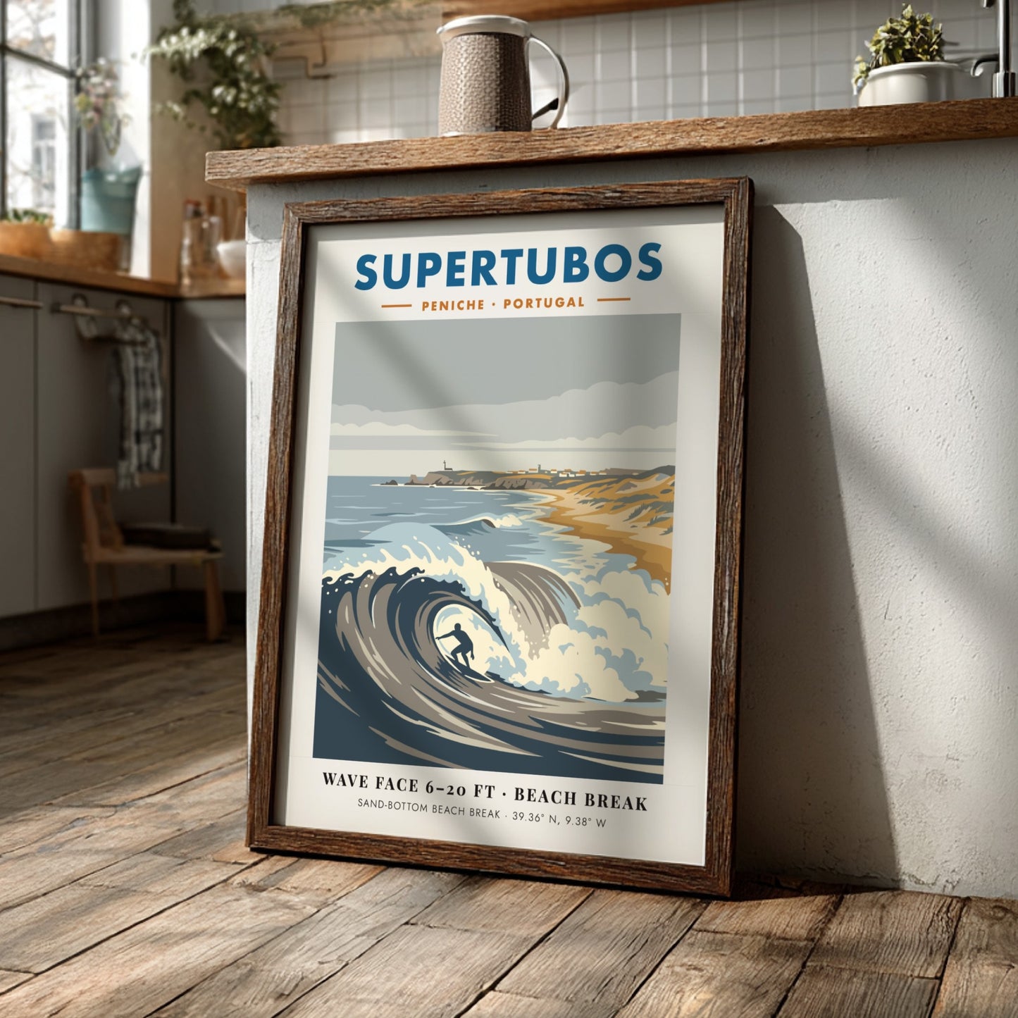 Supertubos Peniche surf break poster featuring a barrel wave and rugged Portuguese coastline.