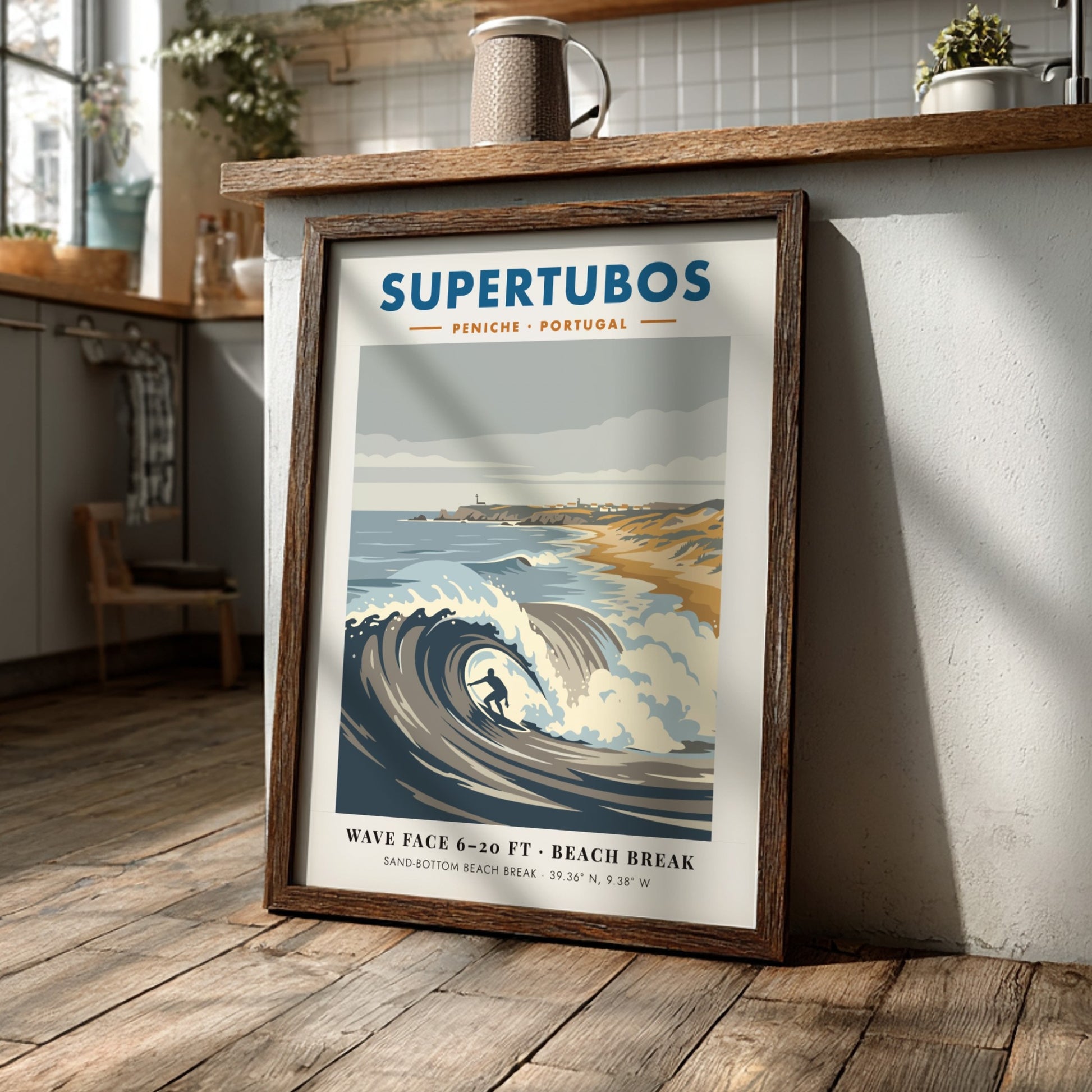 Supertubos Peniche surf break poster featuring a barrel wave and rugged Portuguese coastline.