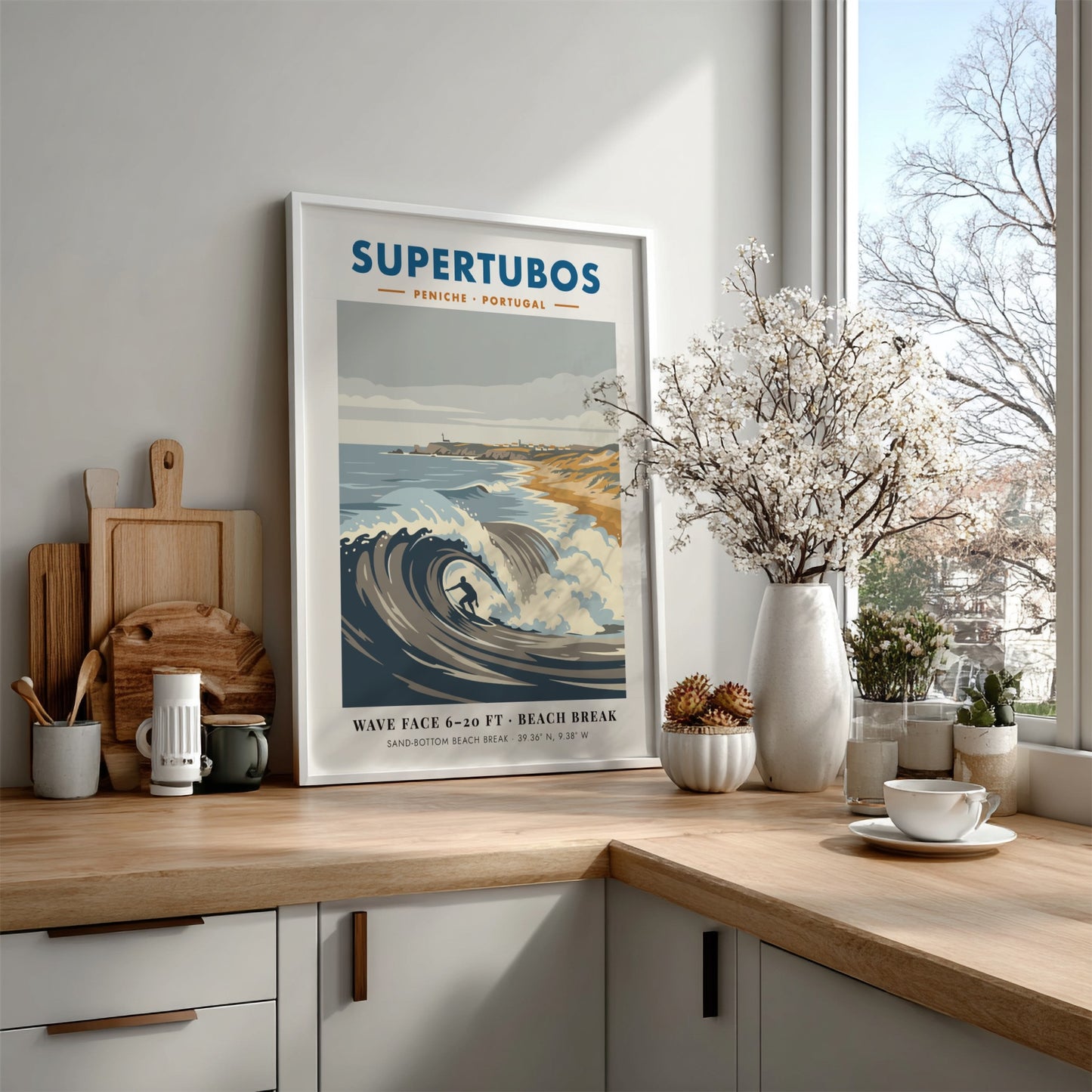 Supertubos Peniche surf break poster featuring a barrel wave and rugged Portuguese coastline.