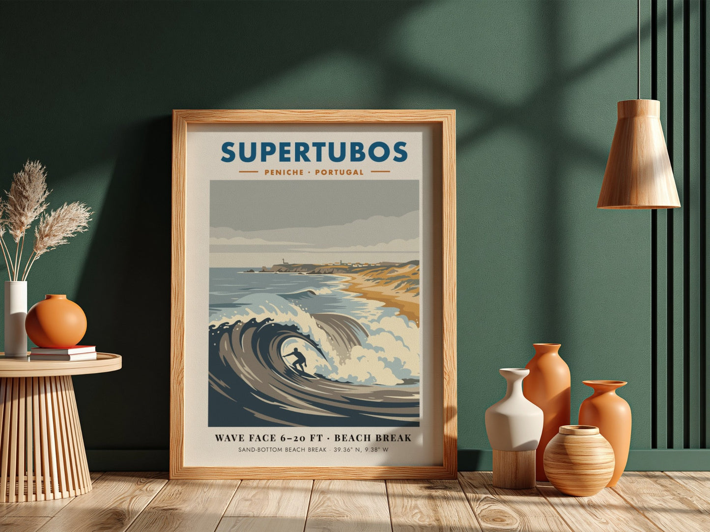 Supertubos Peniche surf break poster featuring a barrel wave and rugged Portuguese coastline.