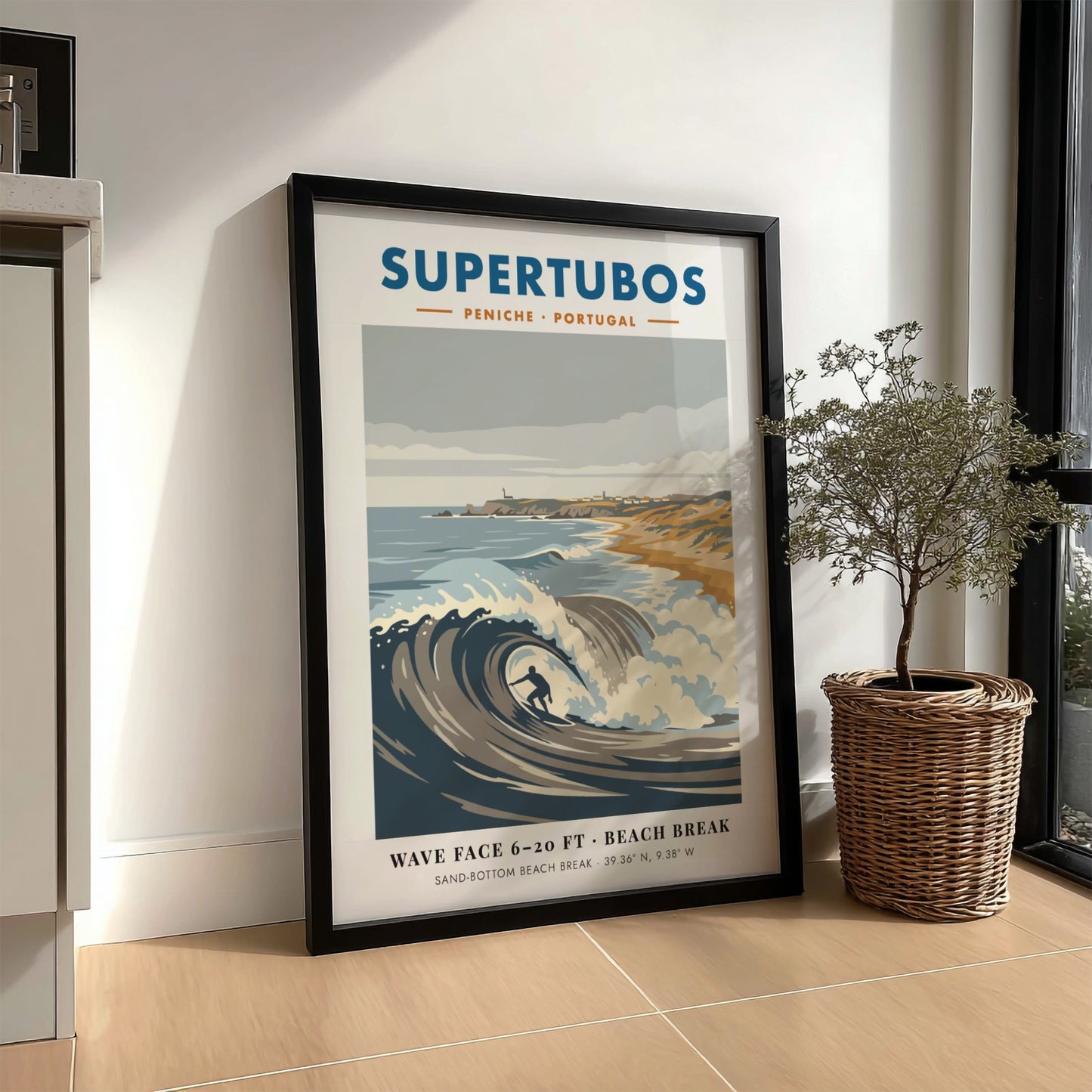Supertubos Peniche surf break poster featuring a barrel wave and rugged Portuguese coastline.