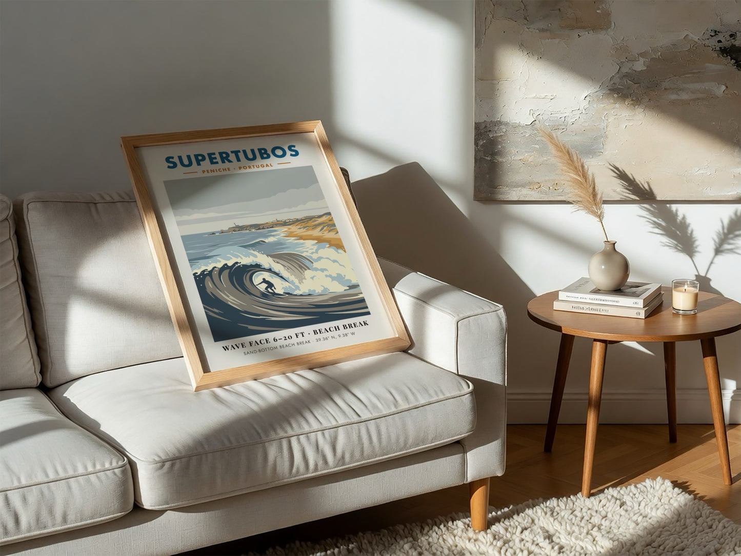 Supertubos Peniche surf break poster featuring a barrel wave and rugged Portuguese coastline.