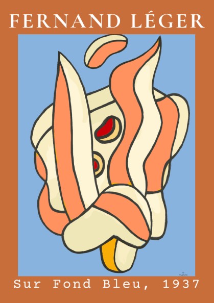 Poster of Fernand Léger's abstract artwork 'Sur Fond Bleu, 1937' with cream, coral, and yellow shapes on a