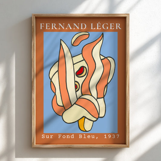Poster of Fernand Léger's abstract artwork 'Sur Fond Bleu, 1937' with cream, coral, and yellow shapes on a