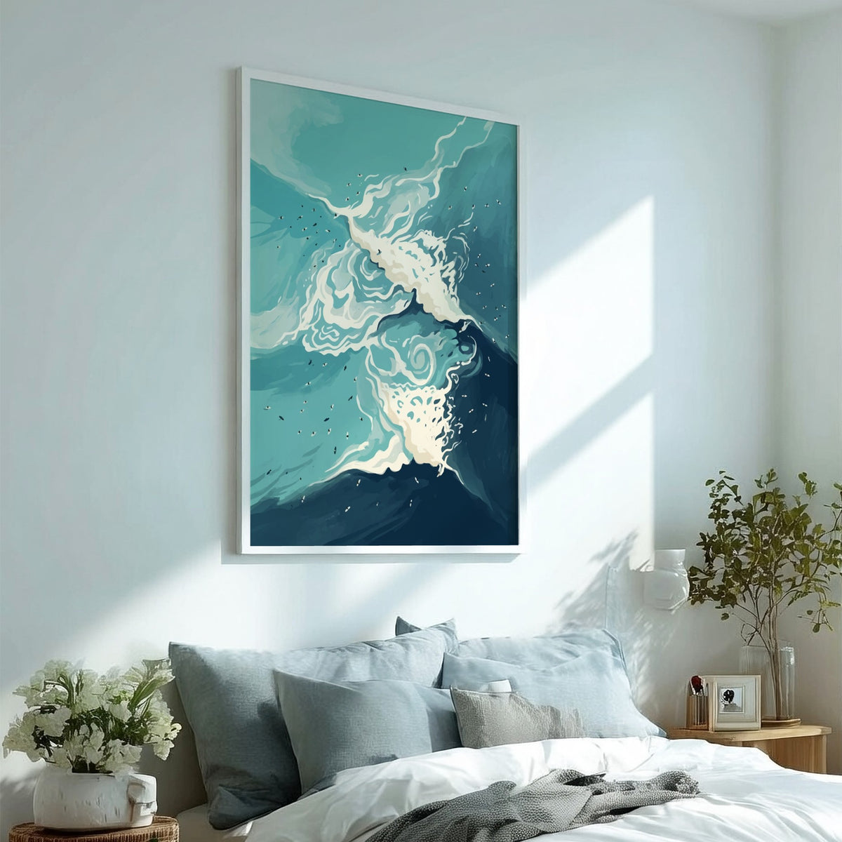 Abstract ocean wave illustration featuring swirling cerulean water and frothy white foam crests throughout
