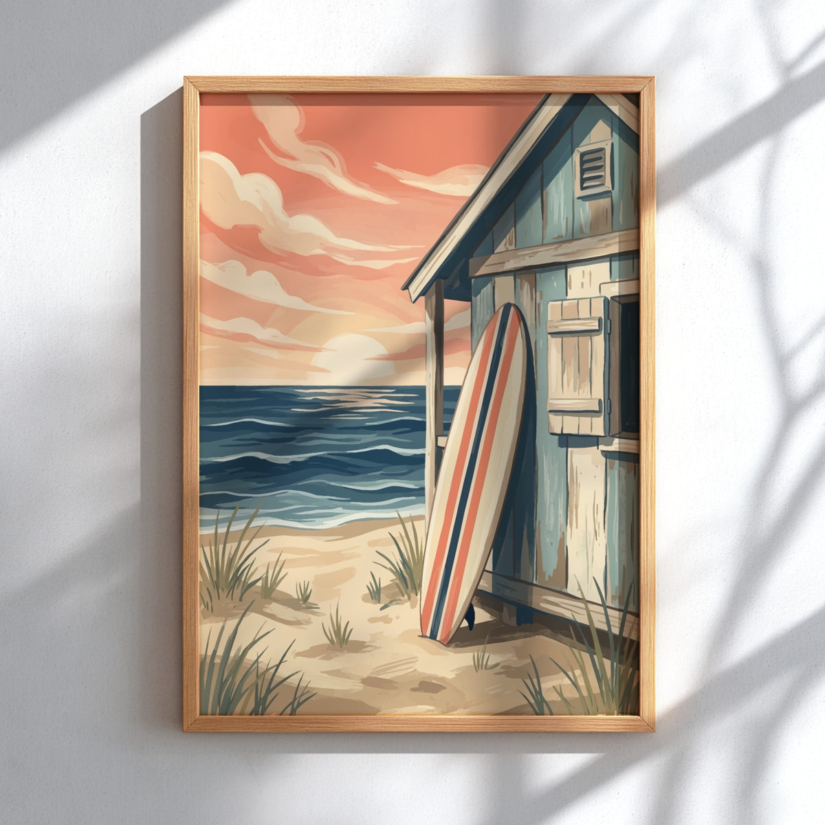 Surf shack with a surfboard on a sandy beach at sunset near ocean