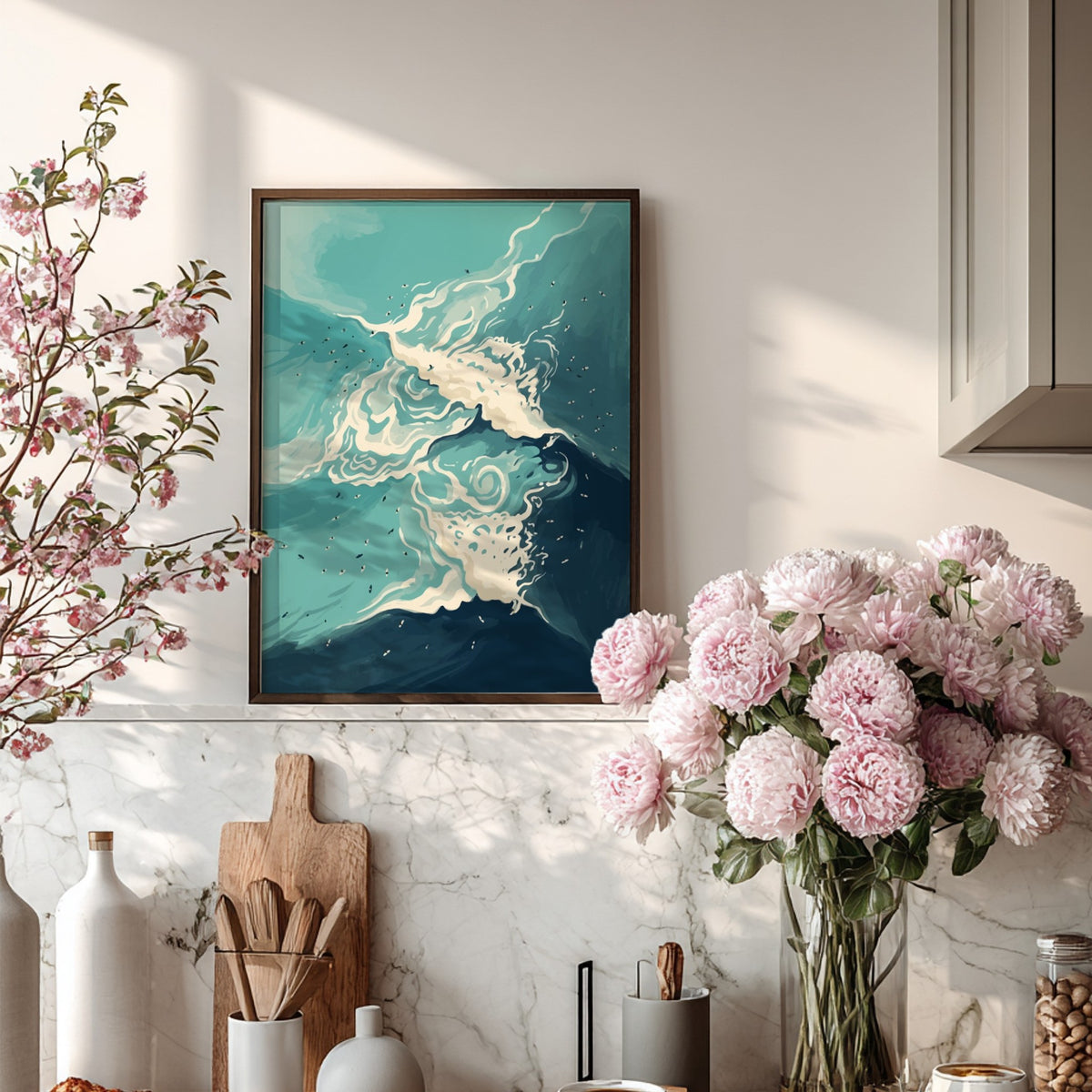 Abstract ocean wave illustration featuring swirling cerulean water and frothy white foam crests throughout