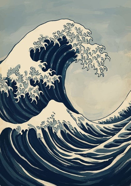 Great Wave ocean print in deep navy and cream with traditional Japanese woodblock style