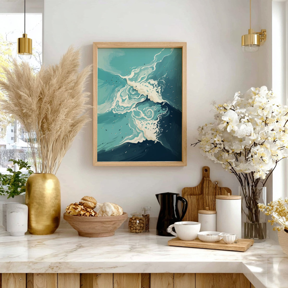 Abstract ocean wave illustration featuring swirling cerulean water and frothy white foam crests throughout