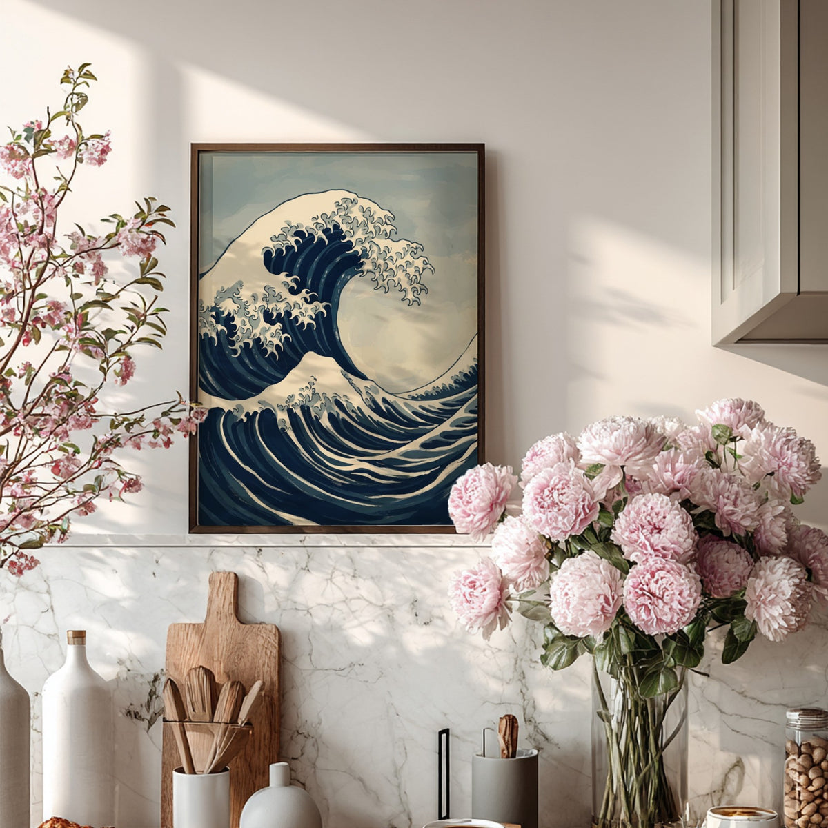 Great Wave ocean print in deep navy and cream with traditional Japanese woodblock style