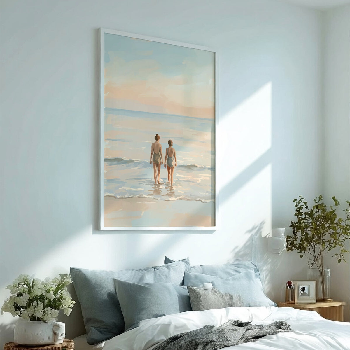 Coastal illustration of two women walking through calm ocean surf in muted tones
