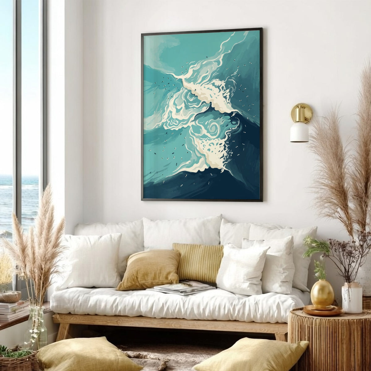 Abstract ocean wave illustration featuring swirling cerulean water and frothy white foam crests throughout