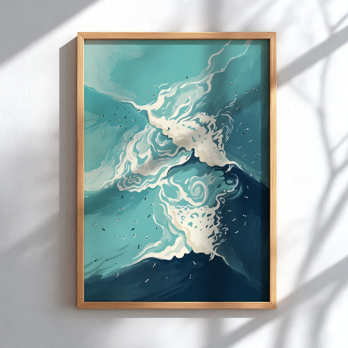 Abstract ocean wave illustration featuring swirling cerulean water and frothy white foam crests throughout