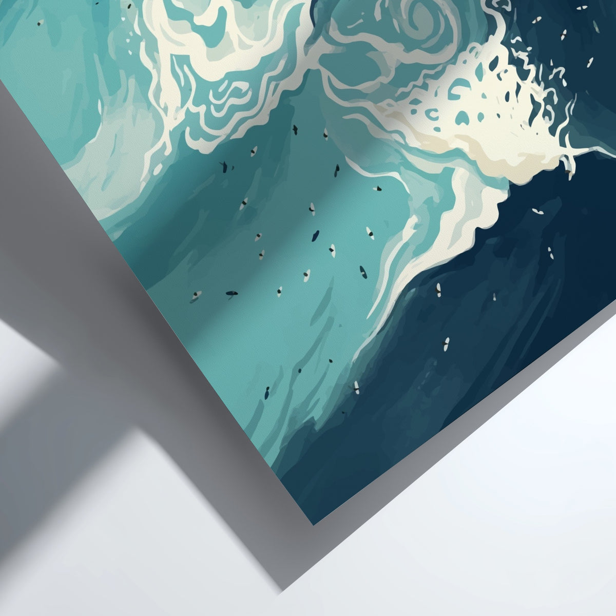 Abstract ocean wave illustration featuring swirling cerulean water and frothy white foam crests throughout
