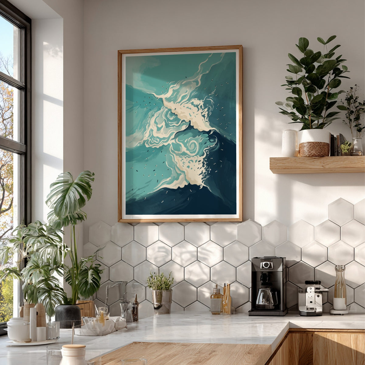 Abstract ocean wave illustration featuring swirling cerulean water and frothy white foam crests throughout