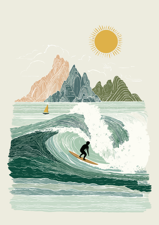Illustration of a surfer on a wave with mountains and a sun in the background