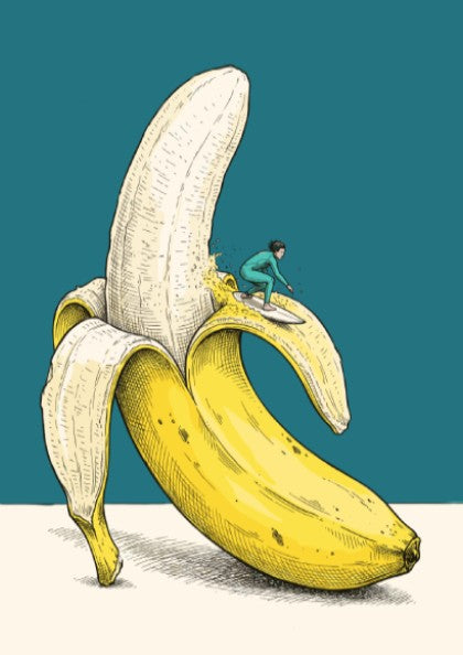 Surfing the peeling banana poster featuring a tiny surfer on a yellow fruit wave.