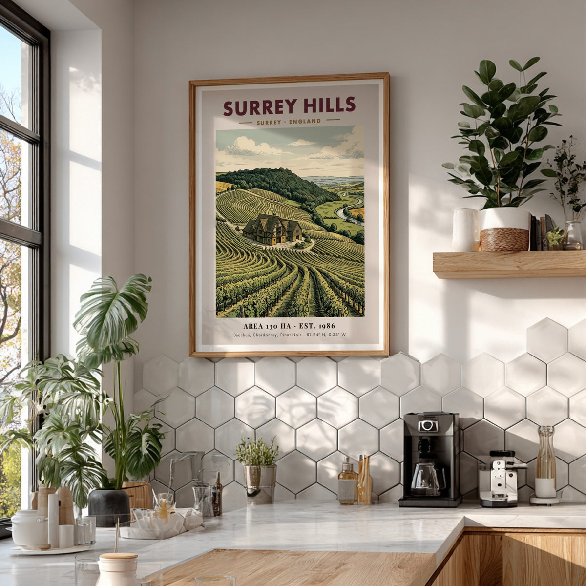 Poster of Surrey Hills vineyard with a manor house and rolling green vines.