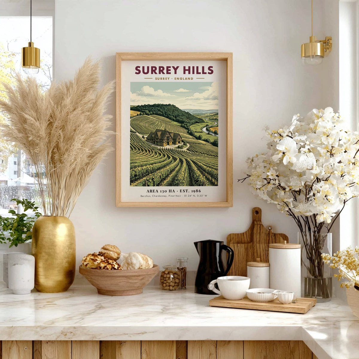 Poster of Surrey Hills vineyard with a manor house and rolling green vines.