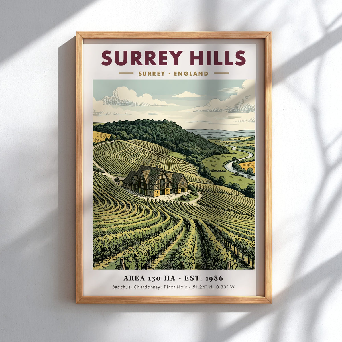 Poster of Surrey Hills vineyard with a manor house and rolling green vines.