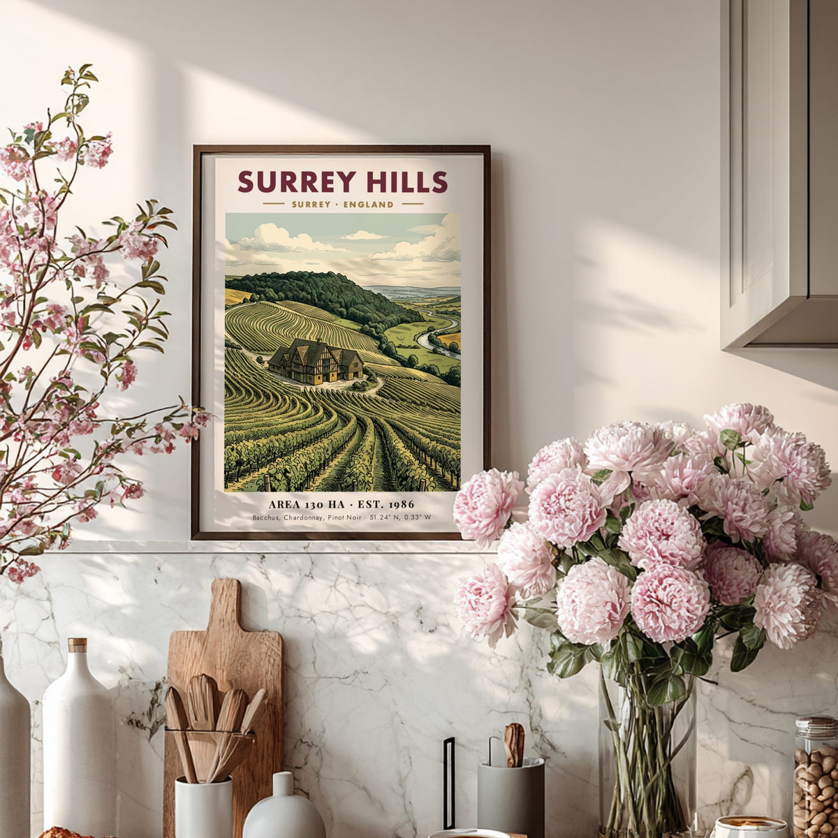 Poster of Surrey Hills vineyard with a manor house and rolling green vines.