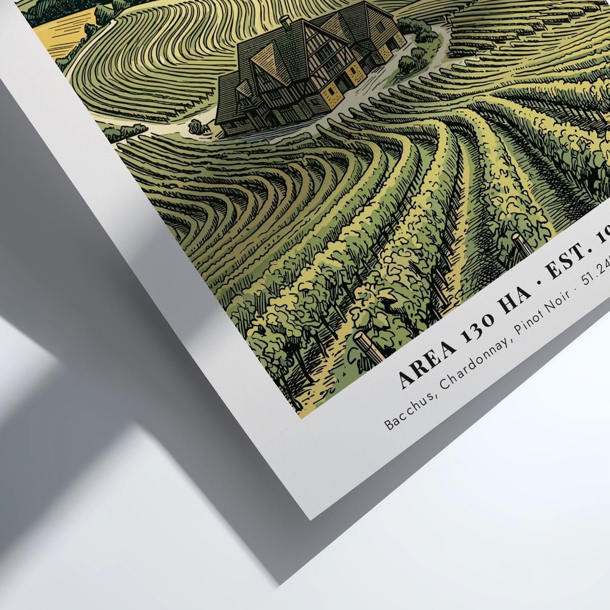 Poster of Surrey Hills vineyard with a manor house and rolling green vines.