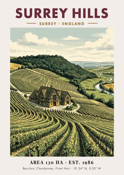 Poster of Surrey Hills vineyard with a manor house and rolling green vines.