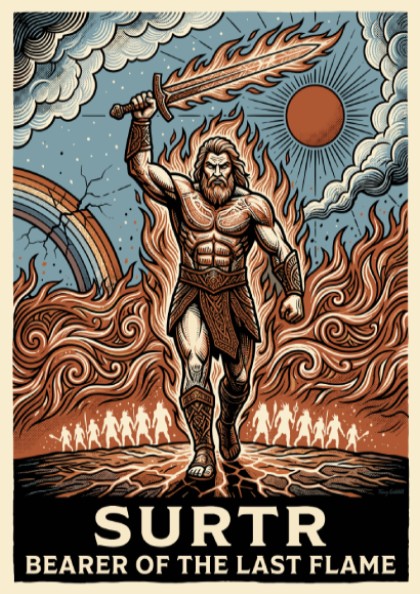 Poster of Surtr the fire giant holding a flaming sword with burning landscapes.