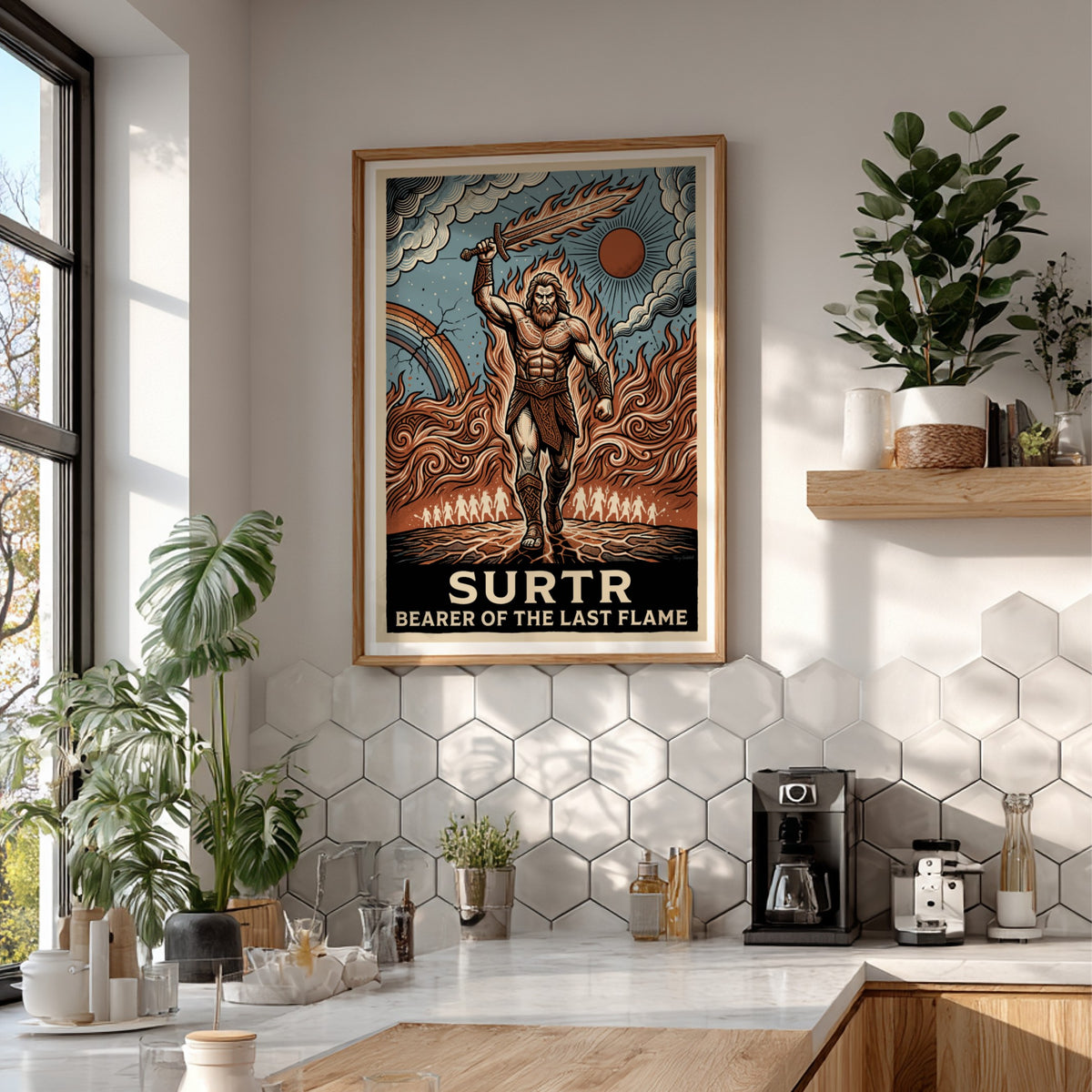 Poster of Surtr the fire giant holding a flaming sword with burning landscapes.