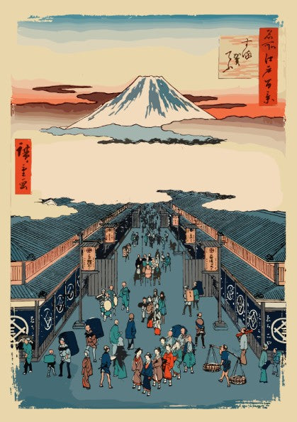 Famous art poster of Mount Fuji and a busy street scene in Japanese Ukiyo-e style.