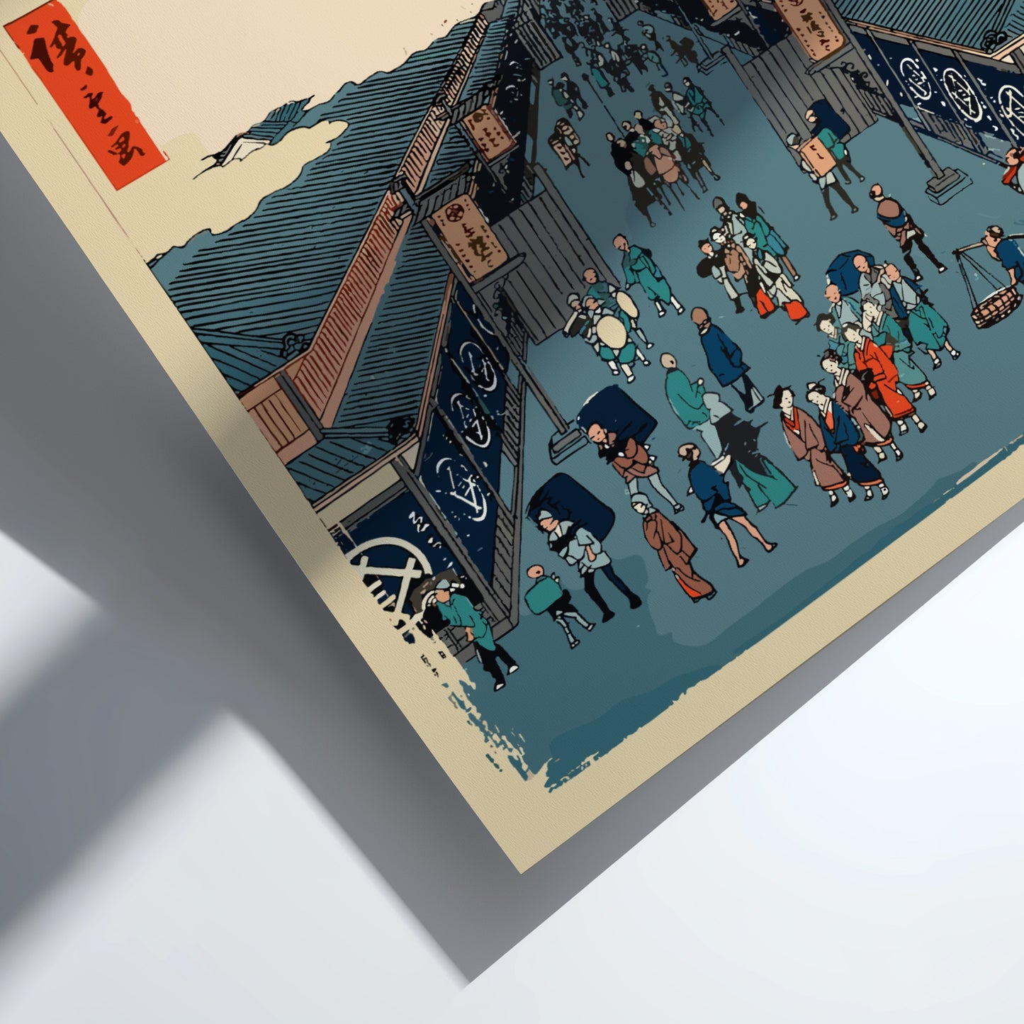 Famous art poster of Mount Fuji and a busy street scene in Japanese Ukiyo-e style.