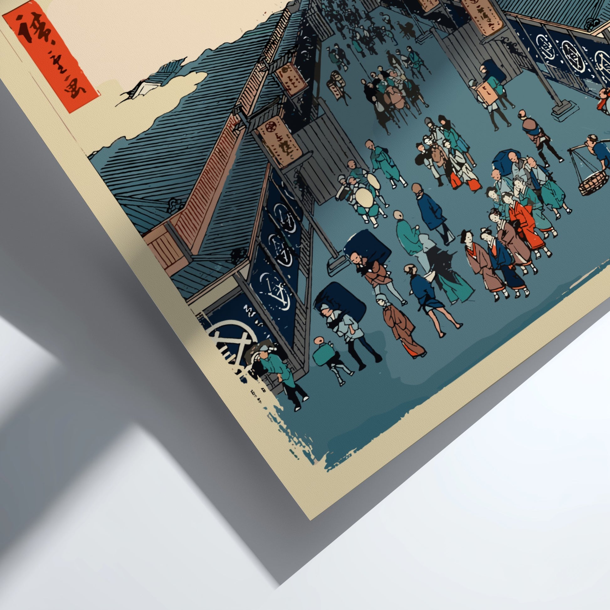 Famous art poster of Mount Fuji and a busy street scene in Japanese Ukiyo-e style.