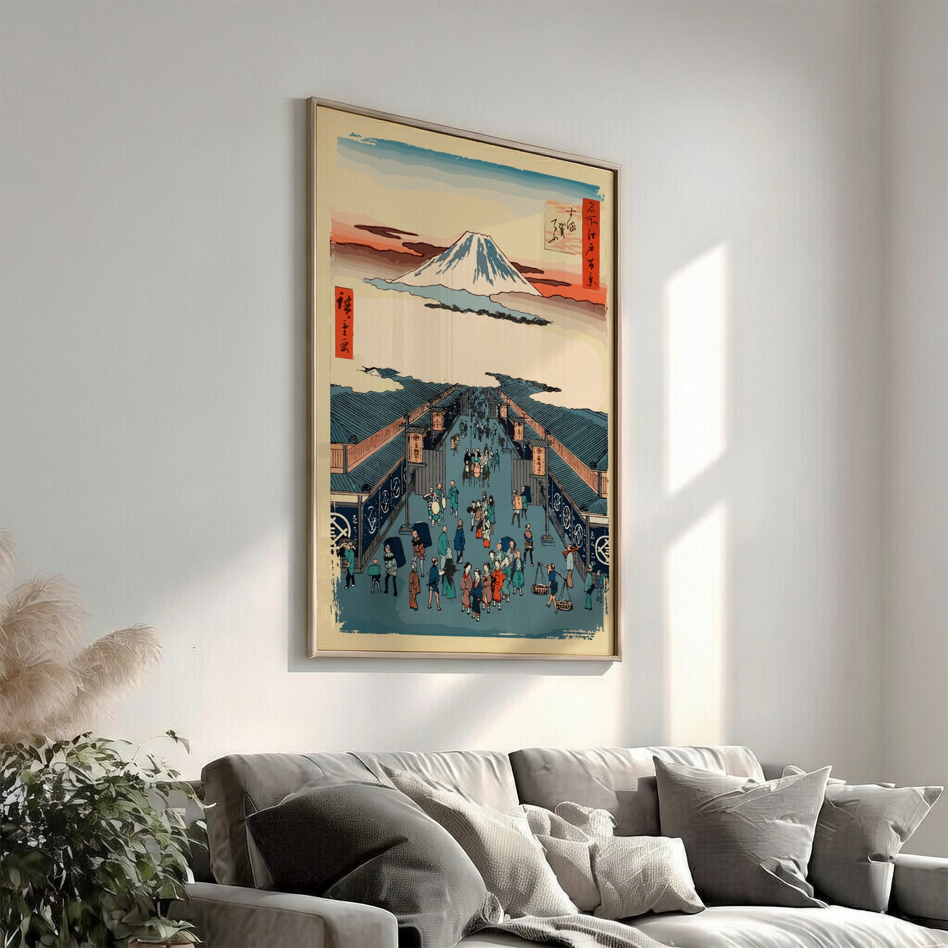 Famous art poster of Mount Fuji and a busy street scene in Japanese Ukiyo-e style.