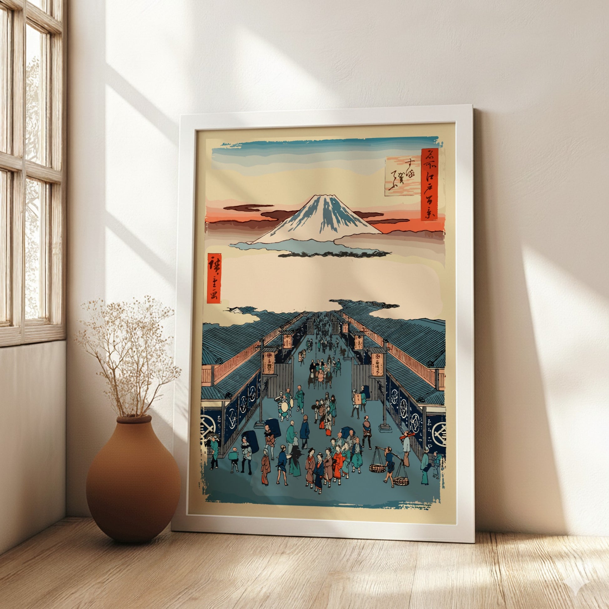 Famous art poster of Mount Fuji and a busy street scene in Japanese Ukiyo-e style.