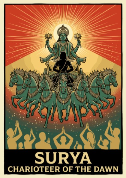 Poster of Surya driving a seven-horse chariot with devotees praying at the bottom
