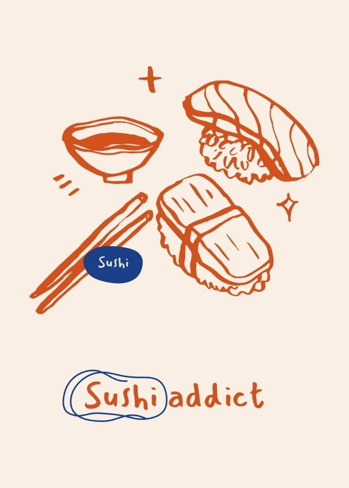 Illustration of sushi with soy sauce, chopsticks, and text 'Sushi addict' on a beige background