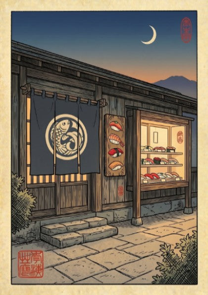 Japanese art style poster featuring a sushi bar at night with warm colors and intricate details