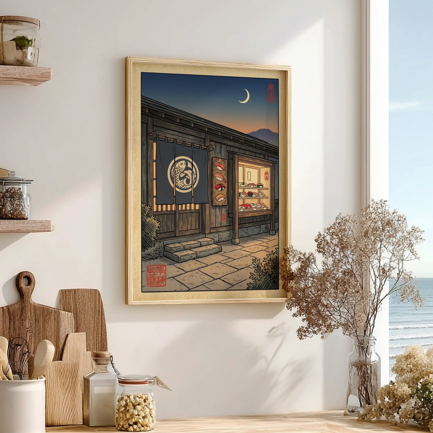Japanese art style poster featuring a sushi bar at night with warm colors and intricate details
