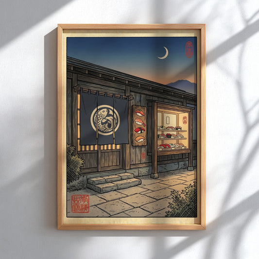 Japanese art style poster featuring a sushi bar at night with warm colors and intricate details