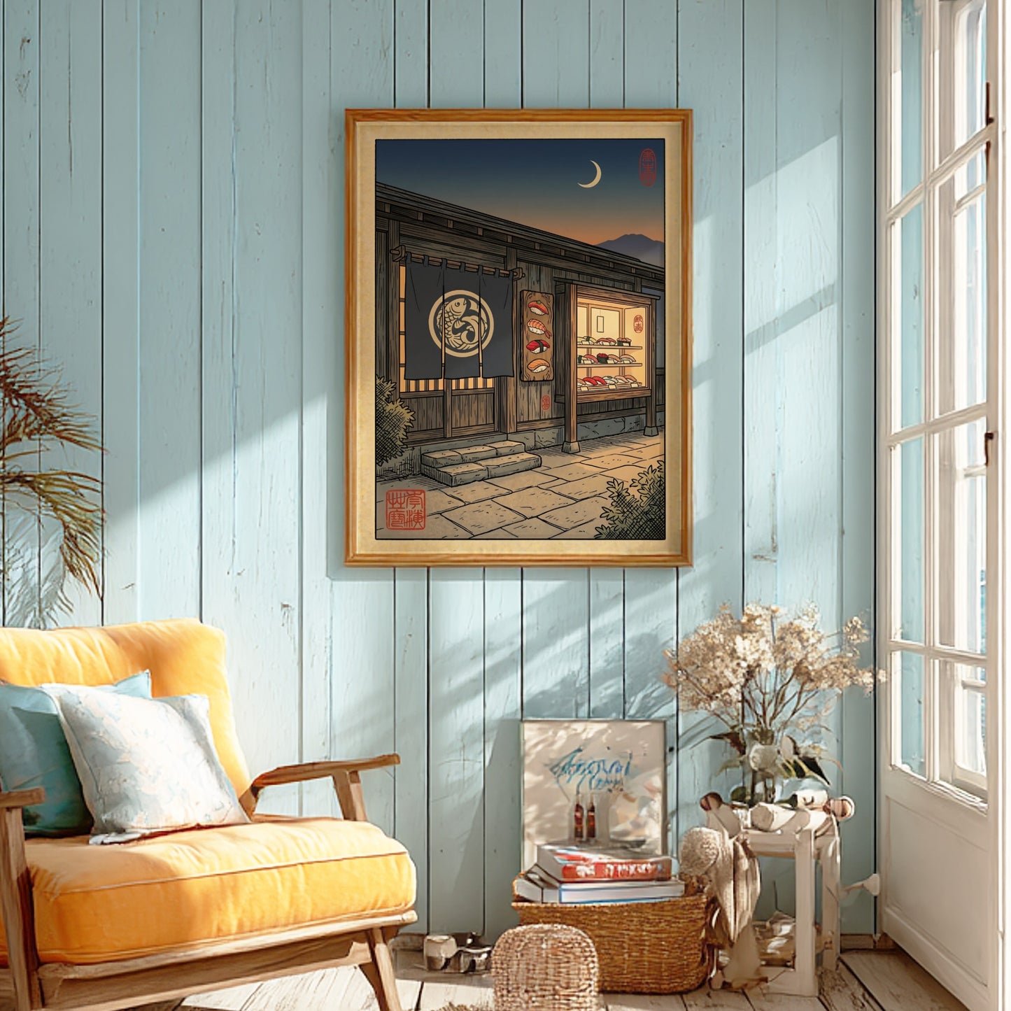 Japanese art style poster featuring a sushi bar at night with warm colors and intricate details