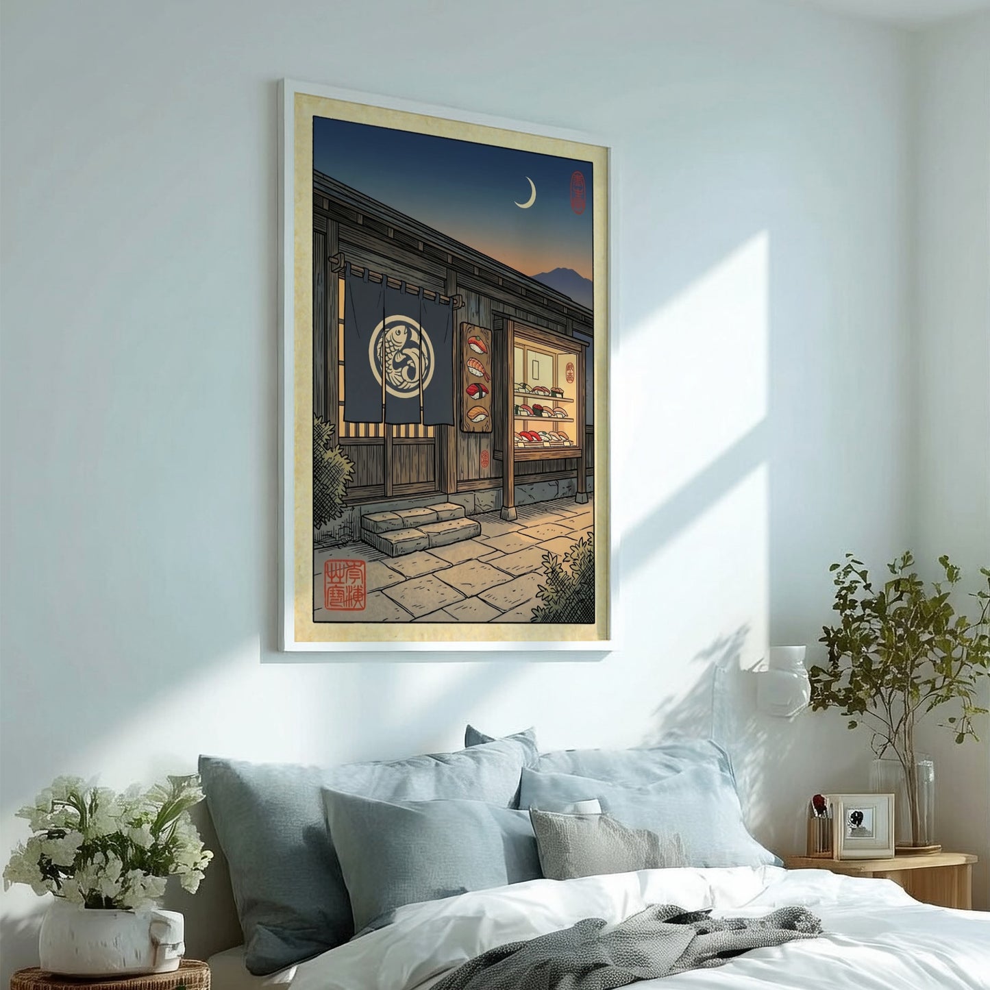 Japanese art style poster featuring a sushi bar at night with warm colors and intricate details