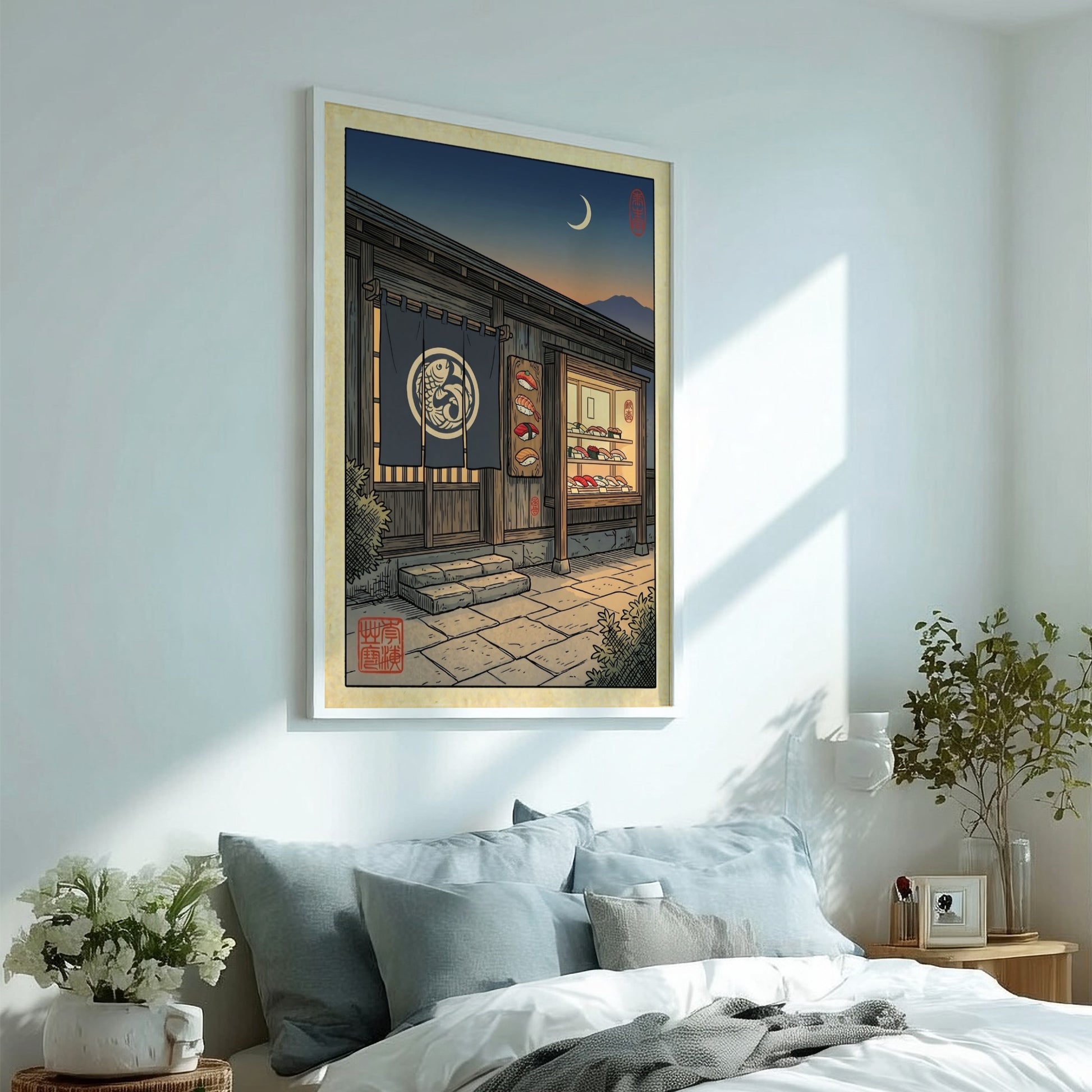Japanese art style poster featuring a sushi bar at night with warm colors and intricate details