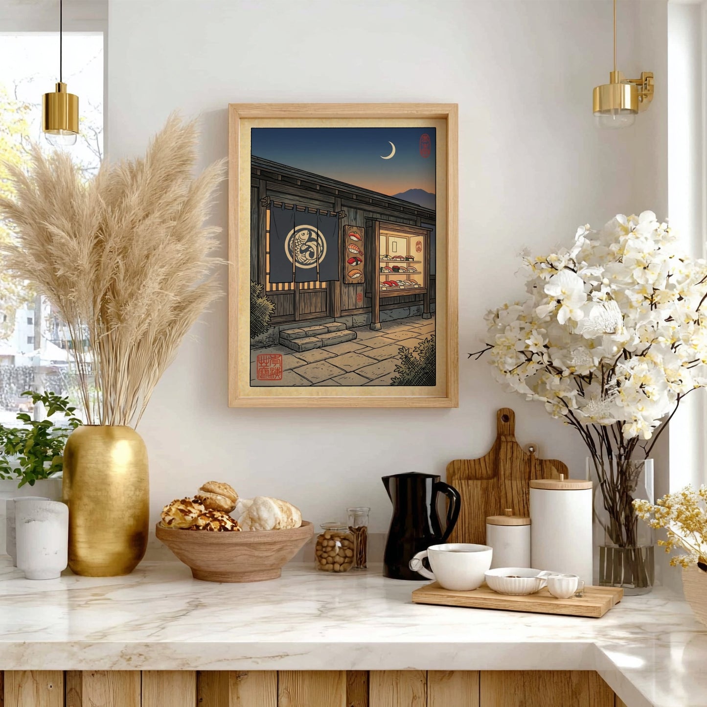 Japanese art style poster featuring a sushi bar at night with warm colors and intricate details