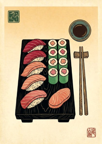 Sushi platter poster featuring vibrant sushi illustrations in Japanese art style