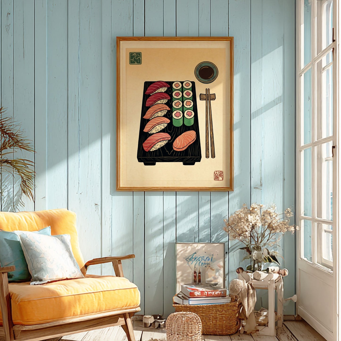 Sushi platter poster featuring vibrant sushi illustrations in Japanese art style