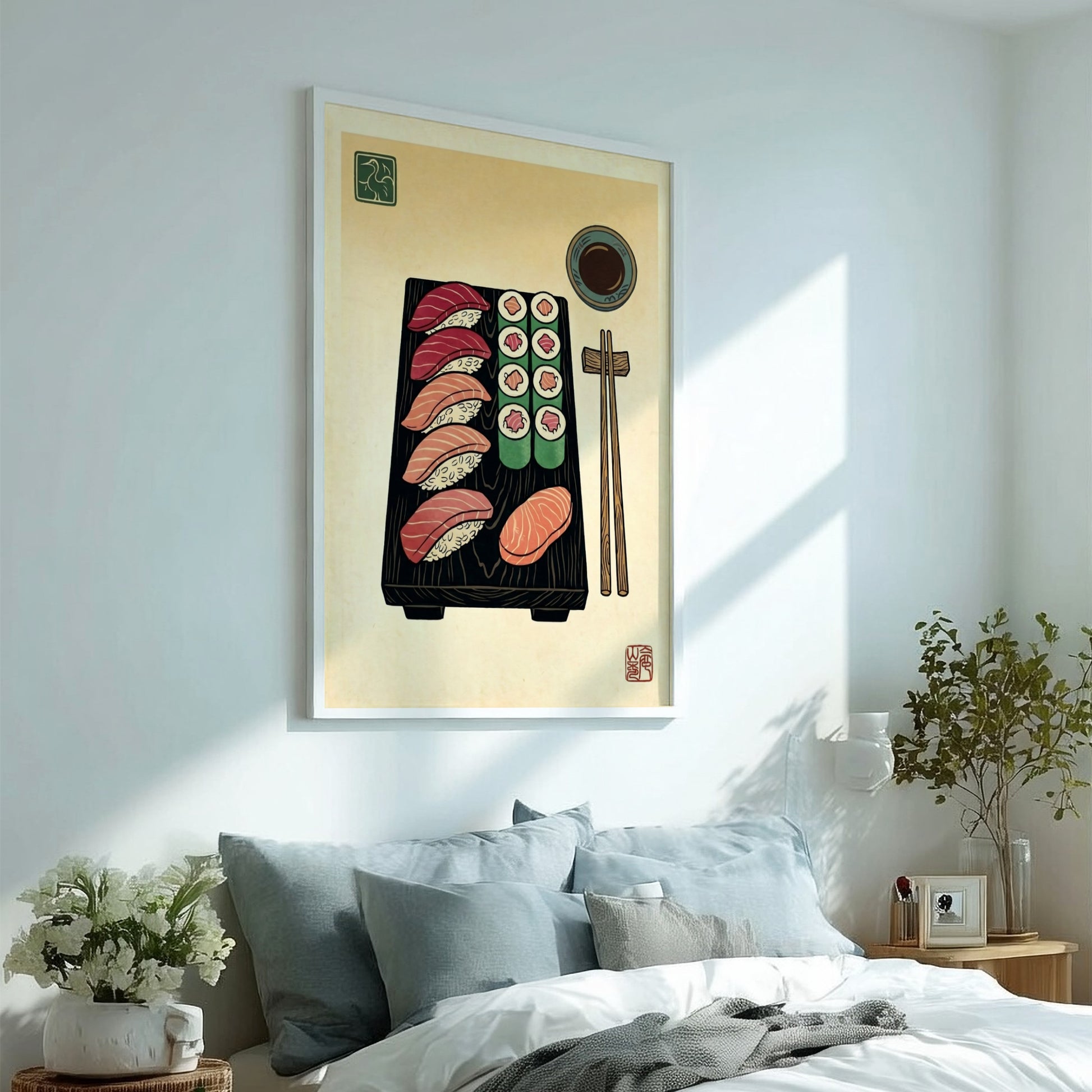 Sushi platter poster featuring vibrant sushi illustrations in Japanese art style